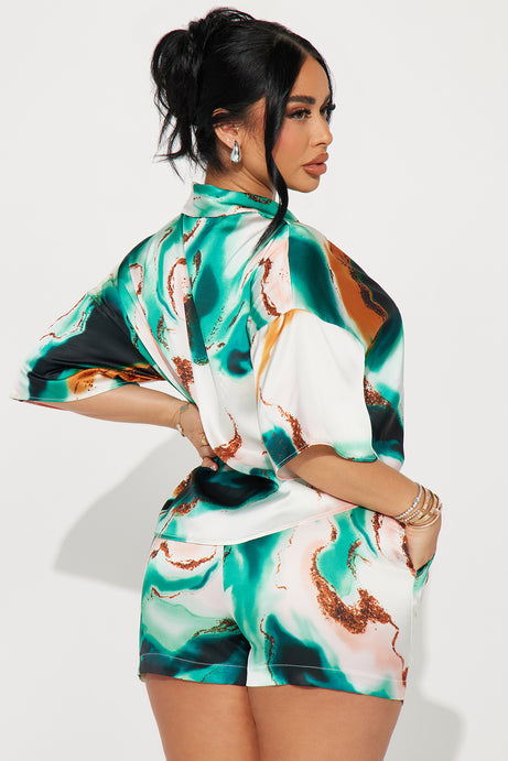 Janice Satin Short Set - Green/combo