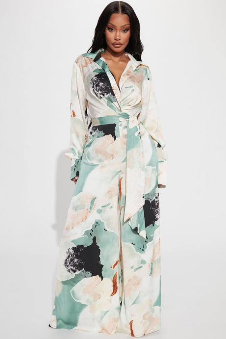 Take Me Away SatinJumpsuit - Green/combo